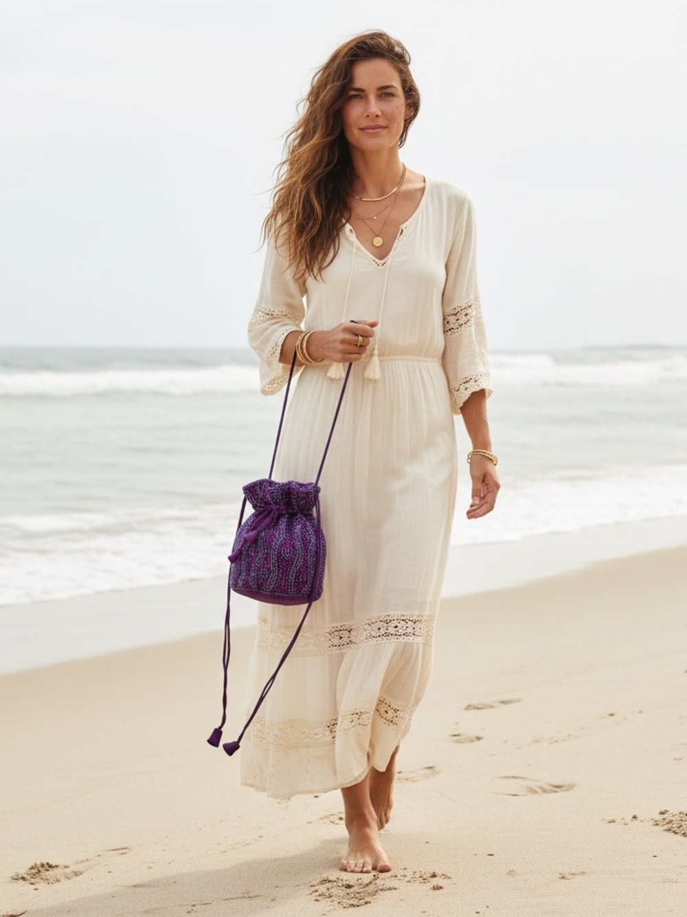 Artisan Purple Glass Beaded Drawstring Bucket Bag, Hand Embellished - Picture 2 of 15